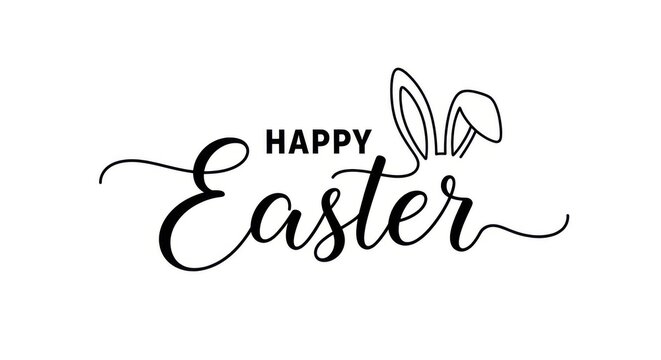 Happy easter text with bunny ears illustration on a white background