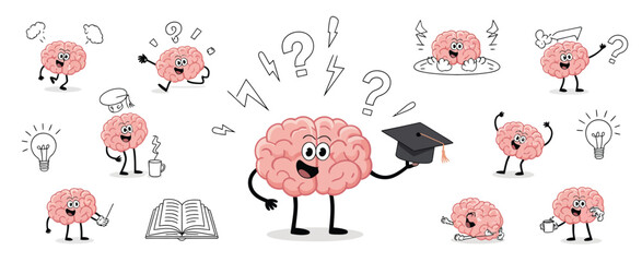 Happy brain illustration collection, pink brain characters with smiles, magic wand, strength dumbbell, and question marks, flat doodle style vector set representing intelligence, creativity,  © MSTRINA