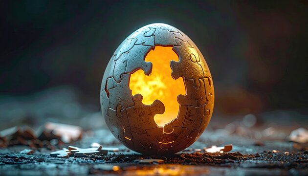 An egg formed of puzzle pieces, glowing intensely from the inside