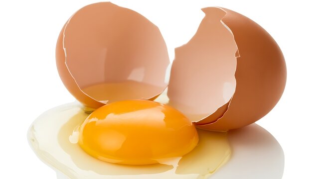 Broken brown egg with yolk on white background