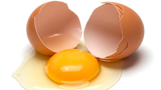 Broken brown eggs with yolk on white background