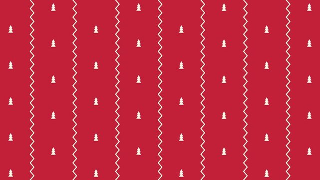 Festive Red Background with Repeating White Christmas Trees and Zigzag Lines Seamless Pattern for