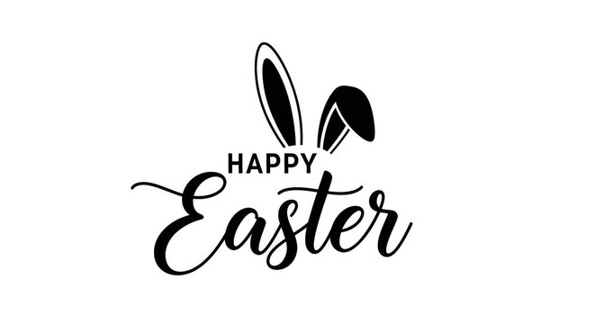 Black happy easter text with bunny ears on white background