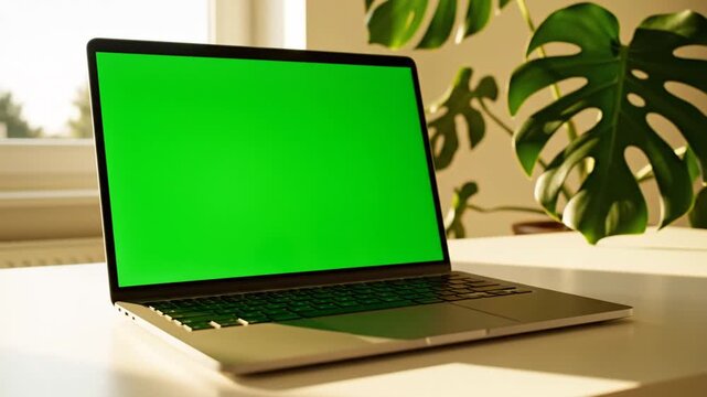 Modern laptop featuring a vivid green screen display positioned on a pristine desk, ideal for content insertion or digital mock-ups within a sunlit home environment