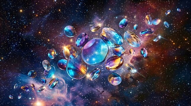 Abstract glass discs floating in space with vivid reflections and gradient tones.