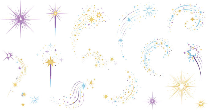 Magic sparkle trail and shooting star illustration set with glitter swirl twinkle celestial decorative collection