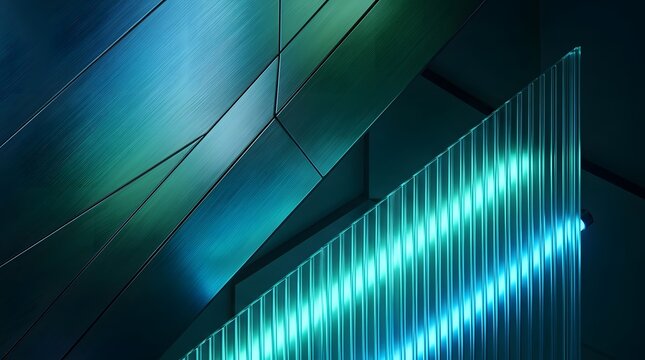 Abstract minimalist geometric background. Diagonal metallic texture with blue green gradient. Ribbed glass illuminated with neon light.
