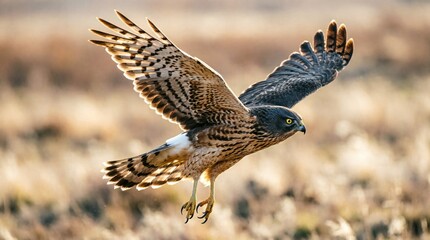 Fototapeta premium Northern Harrier hawk soaring in flight with wings fully extended, displaying detailed barred feather patterns and sharp talons, captured against blurred natural grassland background in golden light.