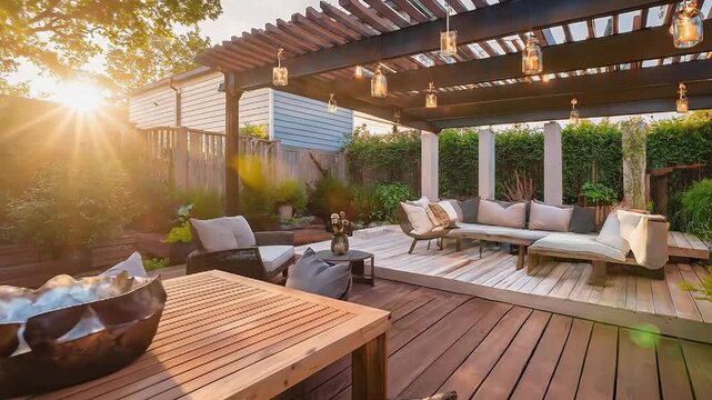 Luxurious backyard patio with dining area and lounge under a pergola during golden hour