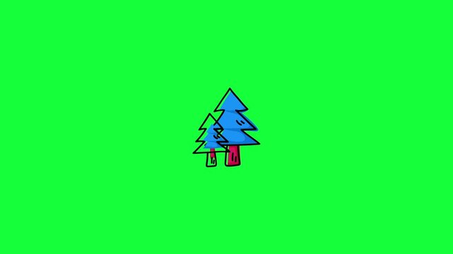 Camping pine tree animation in two styles: chroma key green screen and white background. Hand-drawn doodle style evergreen conifer for outdoor adventure, forest, and summer camp motion graphic project