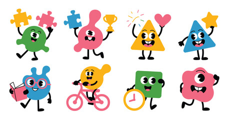 Obraz premium Happy geometric cartoon character set, vector illustrations of smiling abstract kids with heart, puzzle, winner cup, magnifier, and bicycle, flat doodle style ideal for children’s graphics and playful