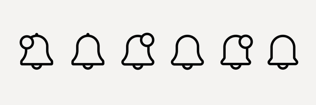 Set of six black bell icons in a row. Simple bell outlines. Minimalist bell design. Notification bell symbols. Bell icons for alerts and notifications. User interface icons, UI icon vector set.