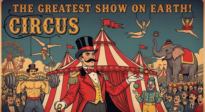 Vibrant Circus Scene with Ringmaster and Performers.