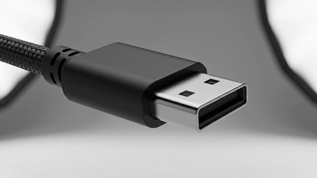 Close-up of USB cable connector and braided wire, technology concept