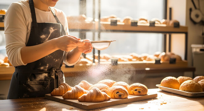 A female baker in a dark apron sprinkles fine white powdered sugar over a tray of warm golden croissants in a bright sunlight bakery