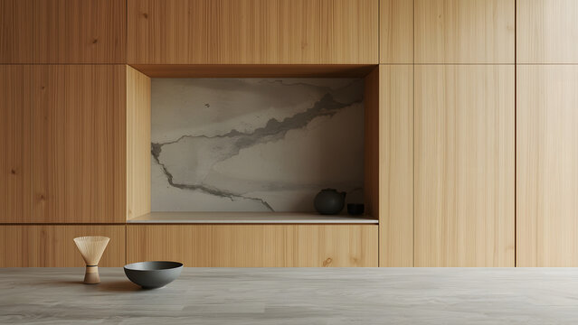 Modern Wood Panel Cabinet with Marble Inset