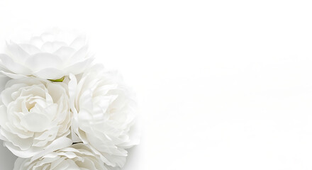 Fototapeta premium A delicate cluster of white ranunculus flowers beautifully arranged against a pristine white background, symbolizing purity and elegance.
