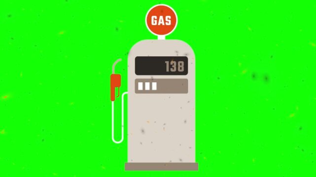 Digital animation of a modern gas station pump showing fuel quantity and price on a green background.