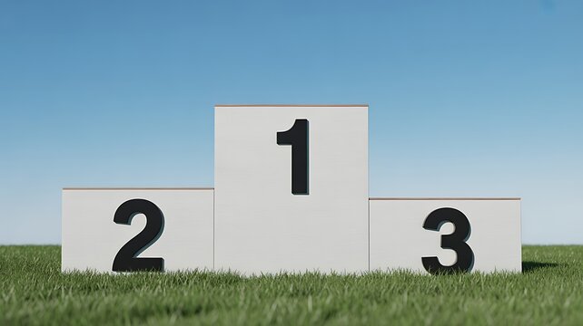 Podium with numbers 1, 2, 3 on grass with blue sky background