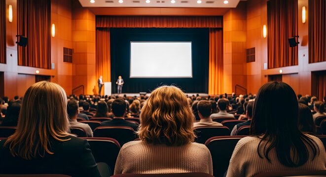 The backs of three people sitting in a crowded auditorium with a large screen at the front for presentations.