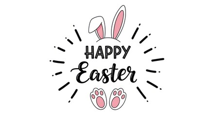 Fototapeta premium Happy easter text with bunny ears and paws on white background
