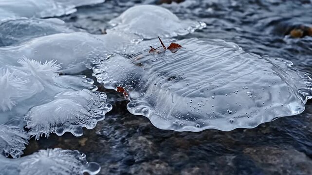 Ice formations on rocks in a cold stream during winter