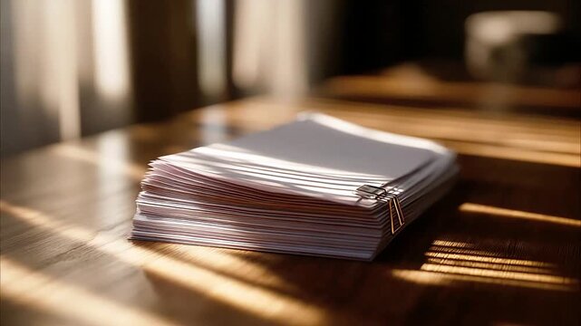 A pile of papers held together with a clip rests on a wooden surface, conveying a sense of paperwork, information, and thoughtful reflection. Ideal fo