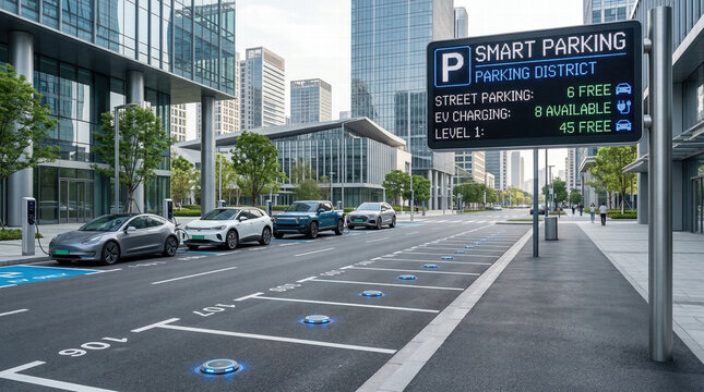 Smart Parking System With Digital Availability Sign And Electric Vehicle Charging On Modern Smart City Street