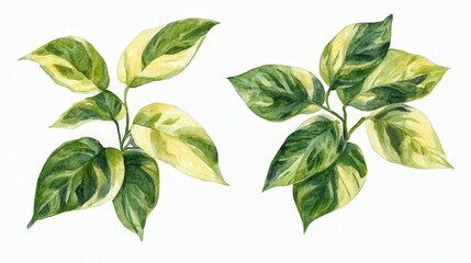 Fototapeta premium Variegated Green and Yellow Leaves Isolated on White Background, Watercolor Botanical Illustration