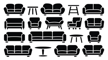Obraz premium Collection of black silhouettes of various modern furniture pieces including sofas chairs and tables on white background for design and decoration