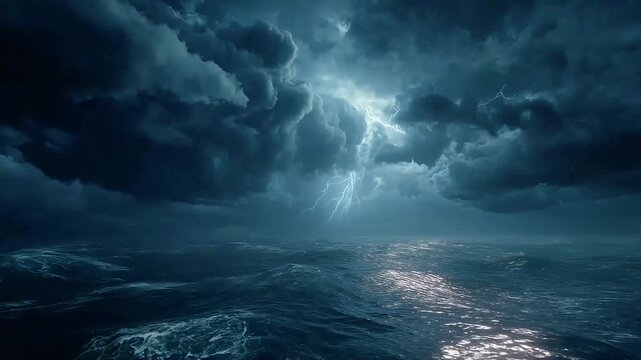 Dramatic seascape with lightning illuminates a turbulent ocean, conveying a mood of power and potential. Ideal for illustrating resilience, change, or