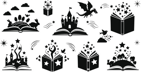 Fantasy storybook silhouette icon set with magic books castle dragon stars fairytale imagination illustration collection © Rubya