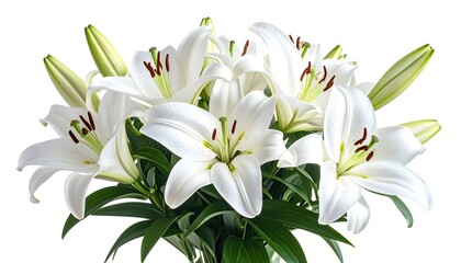 Fototapeta premium A close-up view presents a vibrant bouquet, composed of numerous fully bloomed, pristine white flowers, and lush green leaves, isolated