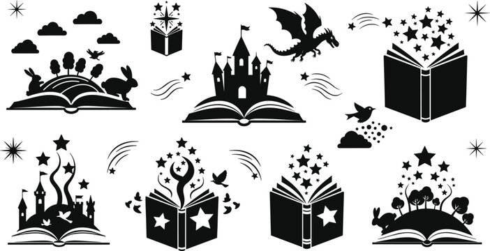 Fantasy storybook silhouette icon set with magic books castle dragon stars fairytale imagination illustration collection
