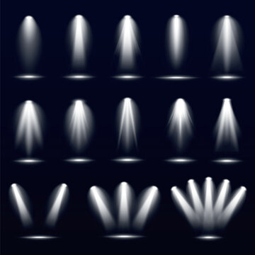 Set of 15 spotlight effects on a dark background. Spotlights in various shapes and angles. Bright spotlight beams create dramatic lighting effects. Overlay effect vector element set.