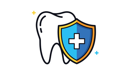 Fototapeta premium Dental protection and oral healthcare insurance concept with a large white tooth behind a blue shield that has a yellow border and white cross.