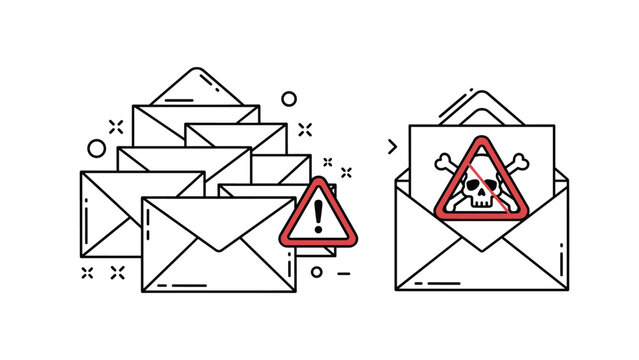 Multiple email envelopes with warning signs and a skull and crossbones icon represent spam, malware, and phishing threats.