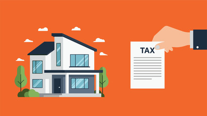 Human hand in a business suit holding a tax document next to a modern residential house on a solid orange background.