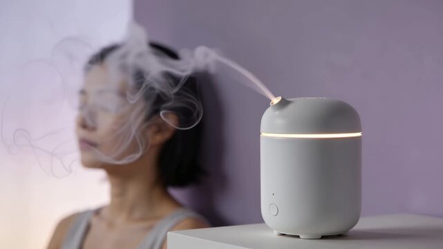 A woman sits in a well-lit room while an essential oil diffuser releases scented mist nearby. The focus is on the diffuser and the woman, illustrating an indoor relaxation activity