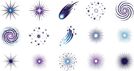 Cosmic starburst and galaxy sparkle icon set with shooting star swirl light burst space illustration collection © Rubya