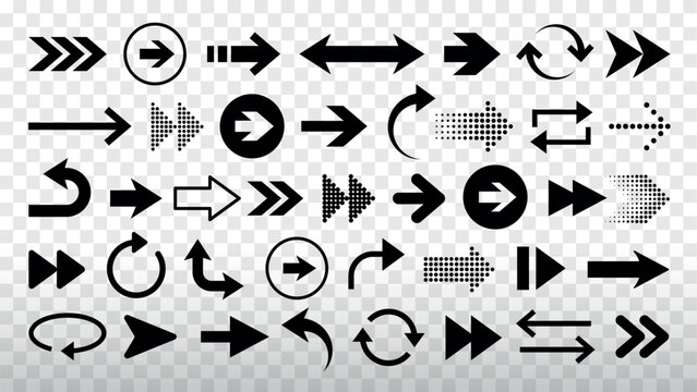 A collection of black arrow icons in various styles and directions. Arrows include straight, curved, and circular designs. Element vector set.