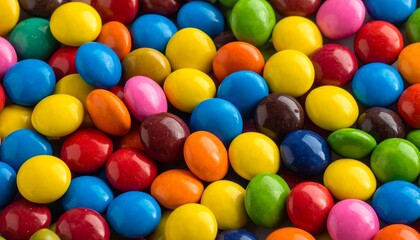 Obraz premium A close-up view presents a vibrant heap of colorful candy-coated chocolates, displaying an array of hues and textures