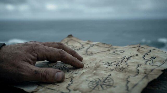 A hand is seen resting on an old map with distinct illustrations and symbols. The background features a cloudy coastal landscape with water and landforms visible