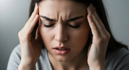 Fototapeta premium Woman experiencing a headache, with her hands pressed against her temples and her eyes closed in pain