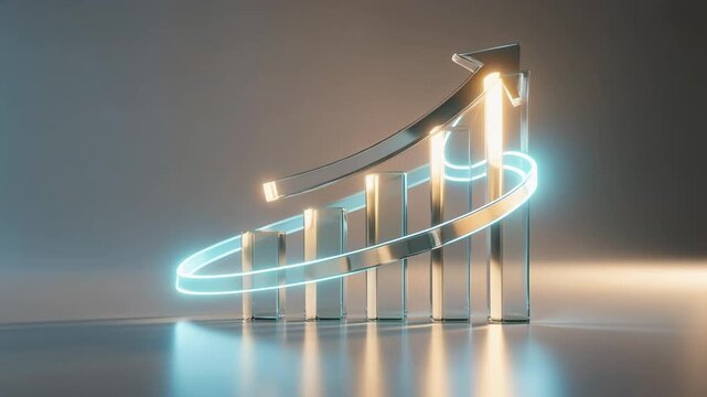 3D transparent growth chart with glowing upward arrow symbolizing business success and financial progress