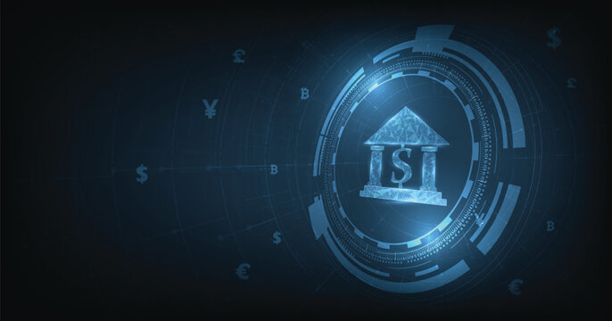 Concept of Banking and Finance.Banking Technology concept.Isometric illustration of bank on dark blue technology background. Digital connect system.Financial and Banking technology concept.