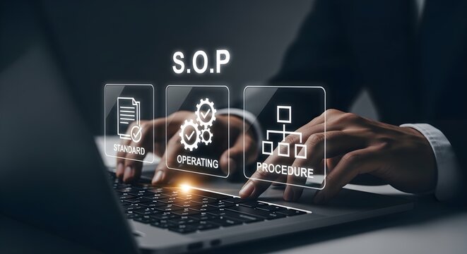 Close-up of a businessman's hands typing on a laptop with operating process icons floating above the keyboard in a dark room.