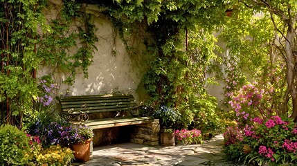 Obraz premium Serene garden bench surrounded by lush greenery and vibrant flowers in a tranquil outdoor setting with natural sunlight