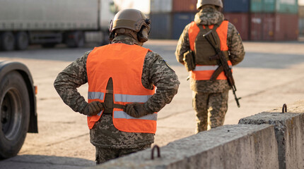 Soldiers in camouflage uniforms and bright orange safety vests standing at a secure checkpoint in a logistics terminal.