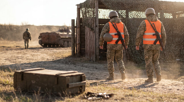 Military personnel in camouflage uniforms and orange safety vests walking through a dusty training ground towards.